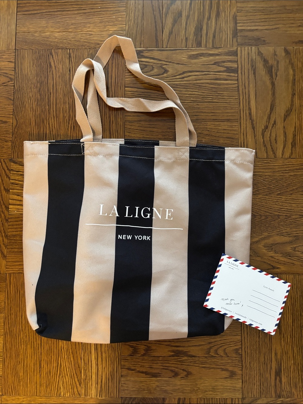La Ligne Black & Beige Striped Canvas Tote with Logo